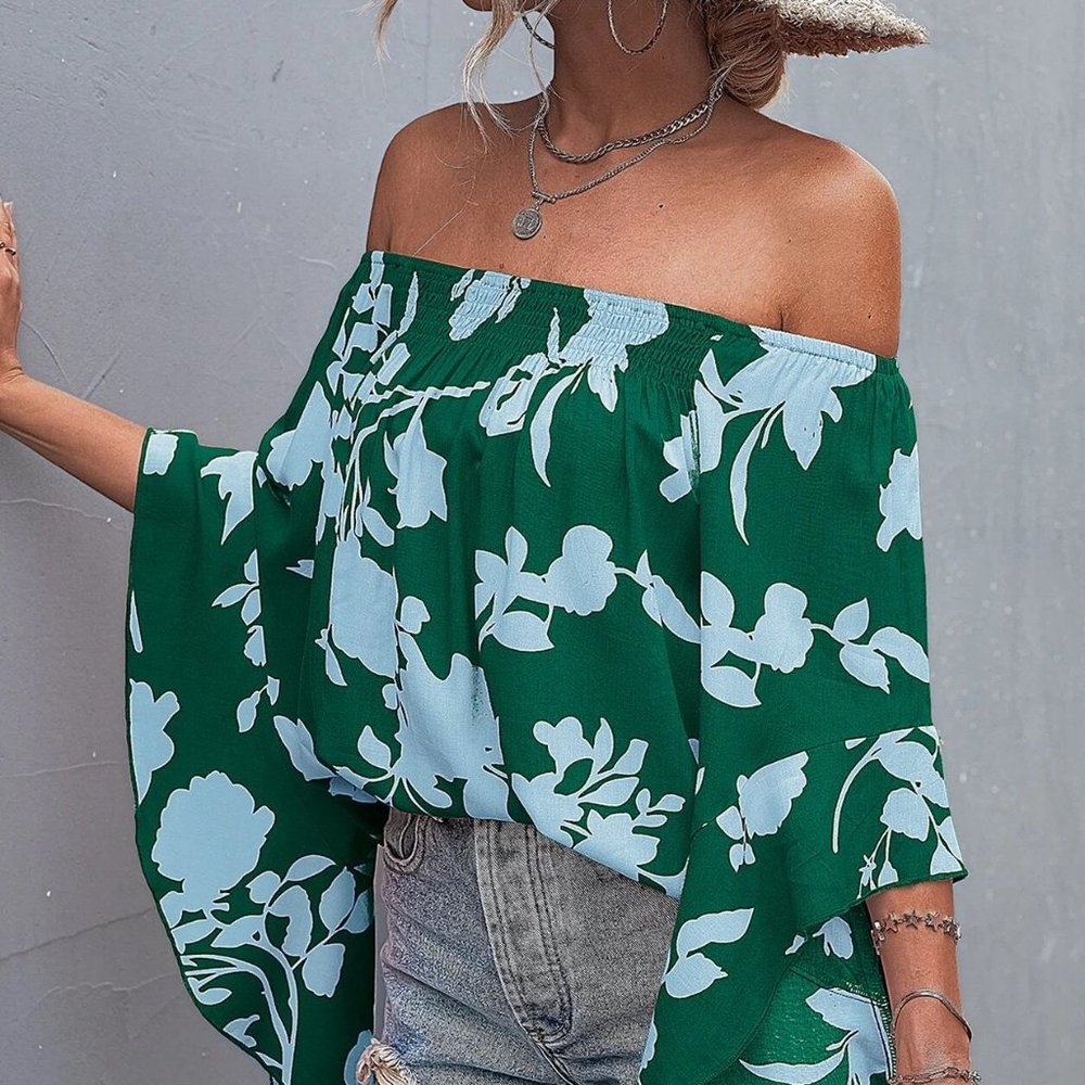 Floral Print Off Shoulder Shirred Blouse